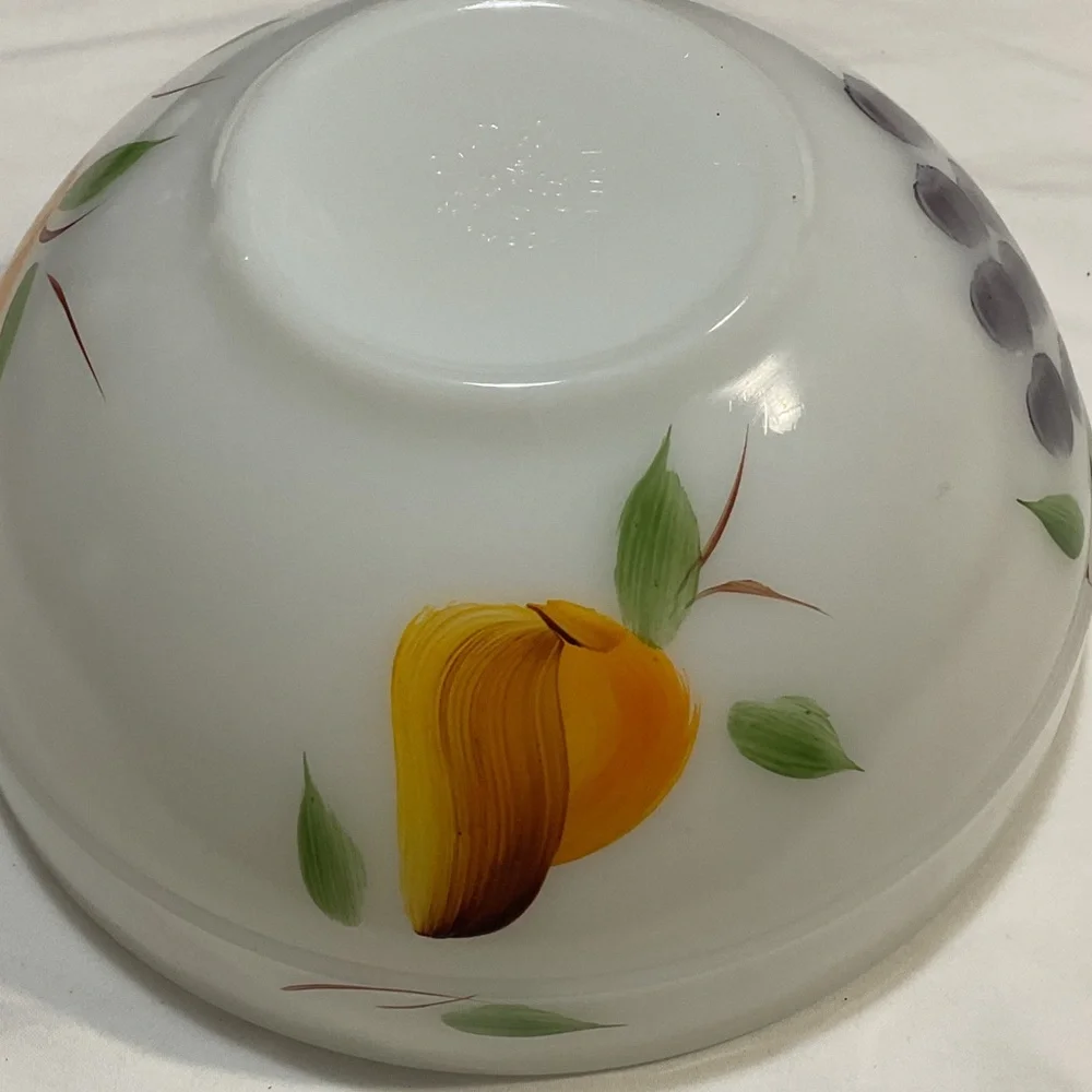 Fire King White Milk Glass Bowl with Orange, Pink and Green Fruit Motif